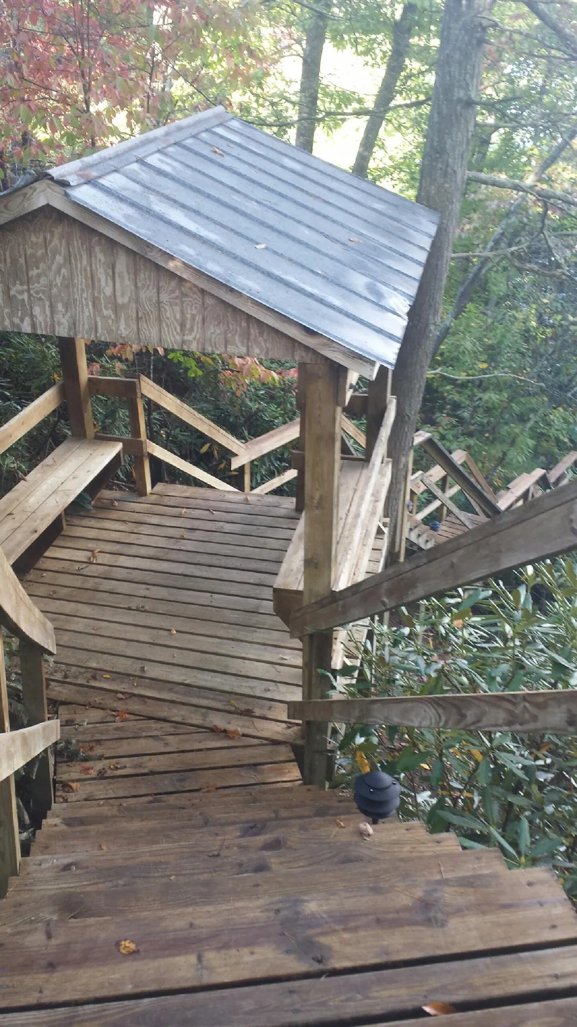 Metal roofed shelter over wooden steps on a wooded walkway — Skylight Repair & Installation work by our crew in Laurel